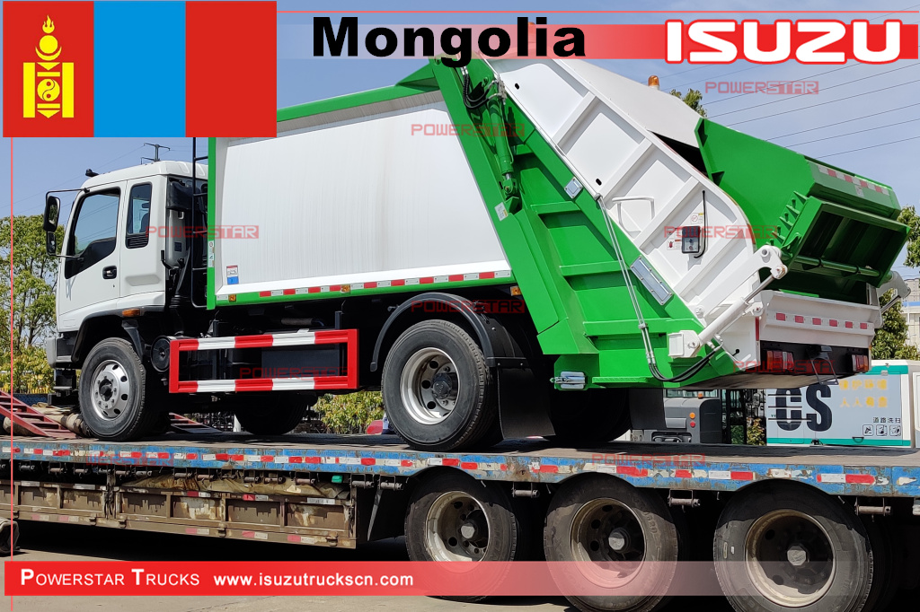 Mongolia ISUZU FTR/FVR refuse compactor truck at NPR boom crane truck