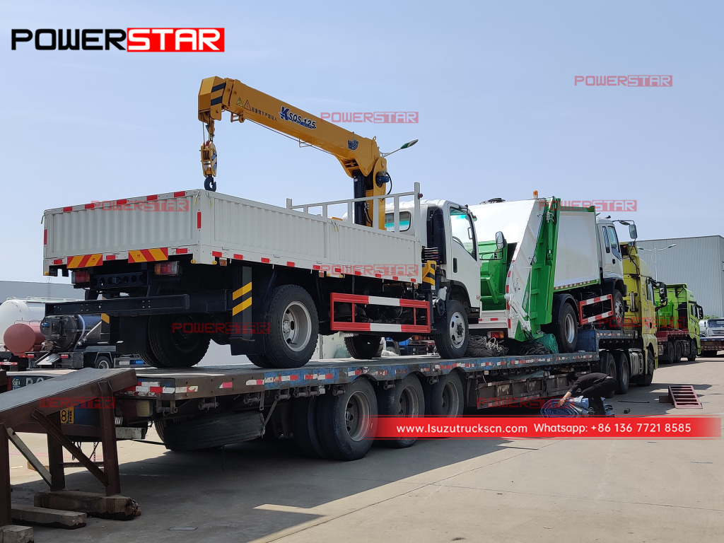 Mongolia ISUZU FTR/FVR refuse compactor truck at NPR boom crane truck