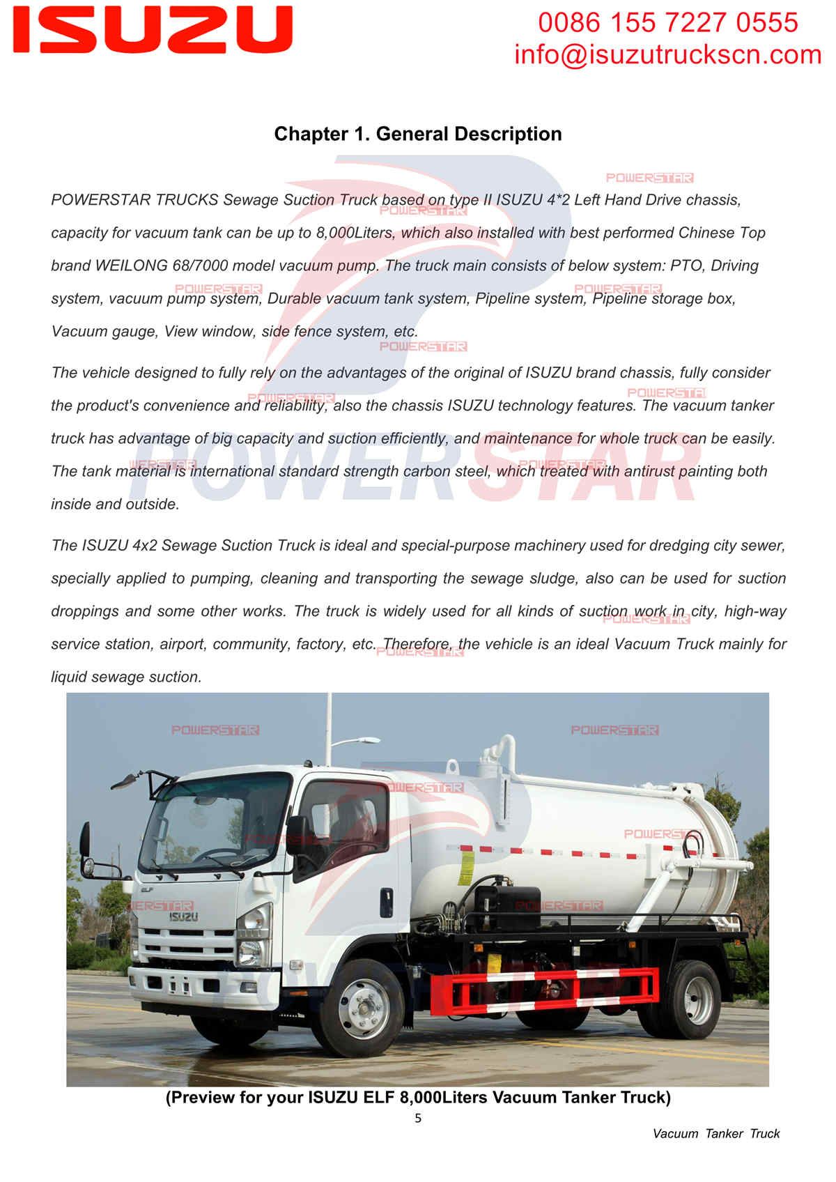 ISUZU 700P ELF 8cbm Vacuum Tanker Truck Manual