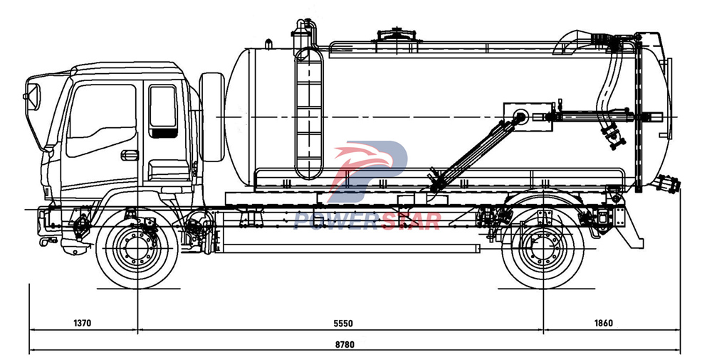 Technical drawing of Isuzu GIGA 15000 liters sewer flusher truck