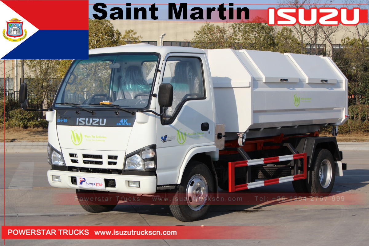 Saint Martin 1 Isuzu hooklift garbage truck na may 4 na basurahan
    